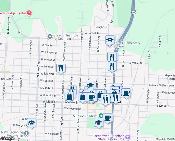 map of restaurants, bars, coffee shops, grocery stores, and more near 517 North Fannin Avenue in Denison