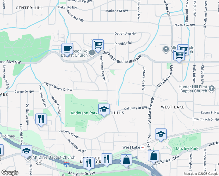 map of restaurants, bars, coffee shops, grocery stores, and more near 209 Anderson Avenue Northwest in Atlanta