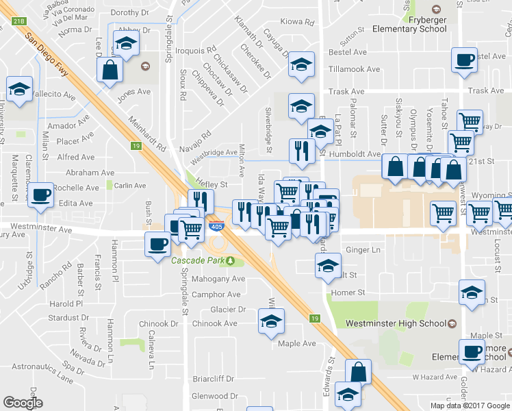 map of restaurants, bars, coffee shops, grocery stores, and more near 13881 Ida Way in Westminster