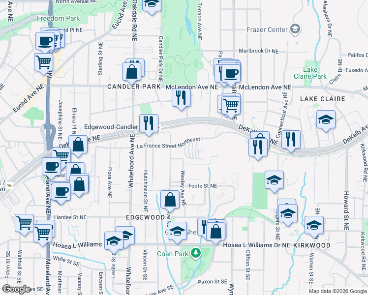 map of restaurants, bars, coffee shops, grocery stores, and more near 234 Carlyle Park Drive in Atlanta