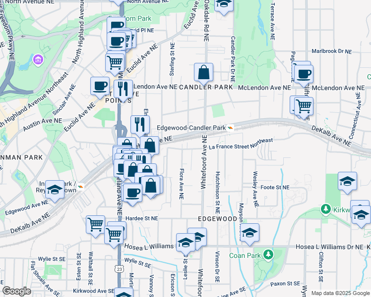 map of restaurants, bars, coffee shops, grocery stores, and more near 1350a La France Street Northeast in Atlanta