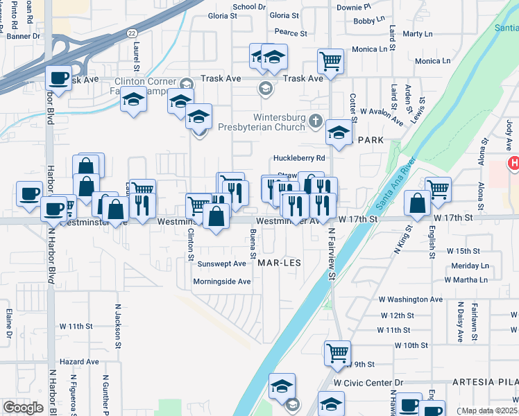 map of restaurants, bars, coffee shops, grocery stores, and more near 13942 Brock Lane in Garden Grove