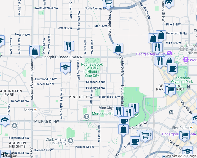 map of restaurants, bars, coffee shops, grocery stores, and more near 214 Walnut Street Northwest in Atlanta