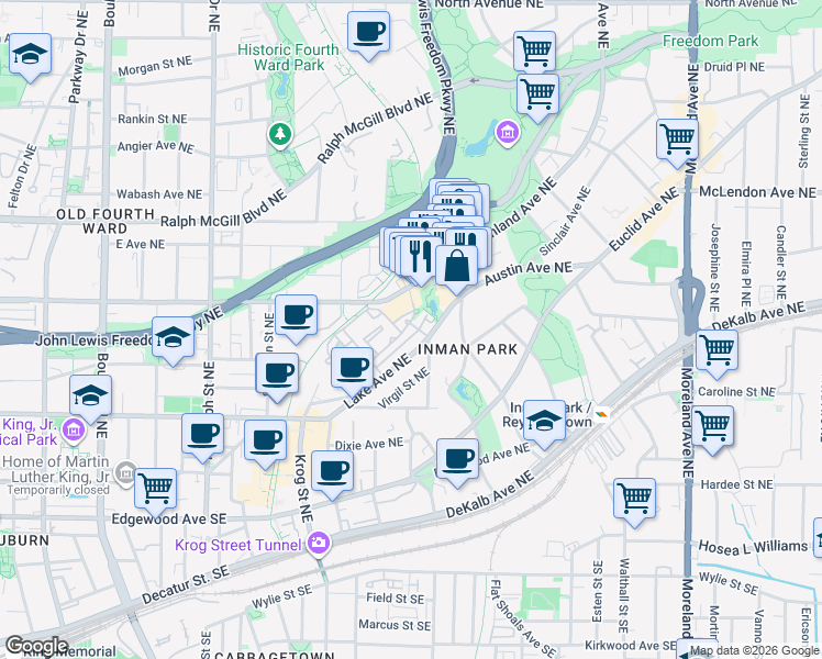map of restaurants, bars, coffee shops, grocery stores, and more near 881 Inman Village Parkway Northeast in Atlanta