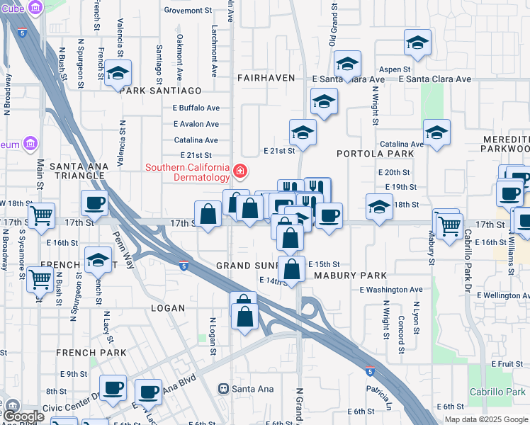 map of restaurants, bars, coffee shops, grocery stores, and more near 1207 17th Street in Santa Ana