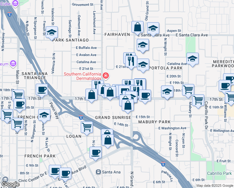 map of restaurants, bars, coffee shops, grocery stores, and more near 1207 17th Street in Santa Ana