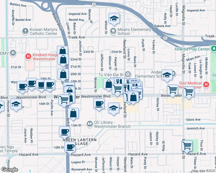 map of restaurants, bars, coffee shops, grocery stores, and more near 13931 Wilson Street in Westminster