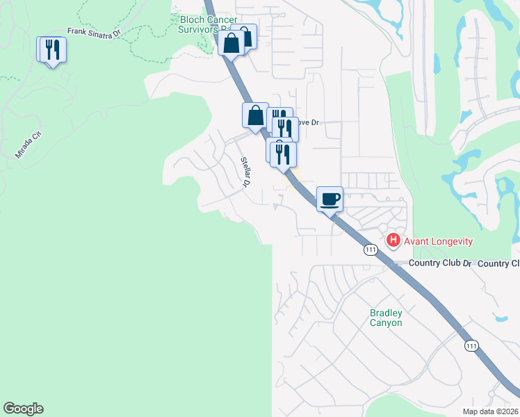 map of restaurants, bars, coffee shops, grocery stores, and more near 8 Venus Drive in Rancho Mirage