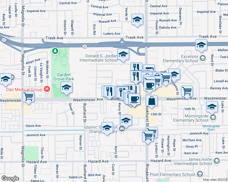 map of restaurants, bars, coffee shops, grocery stores, and more near 9695 La Jolla Plaza in Garden Grove