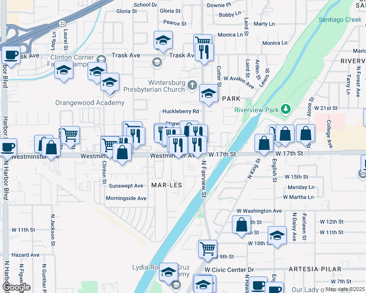 map of restaurants, bars, coffee shops, grocery stores, and more near 2603 Westminster Avenue in Santa Ana