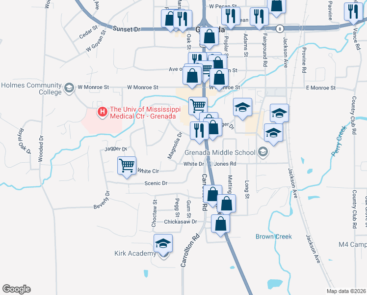 map of restaurants, bars, coffee shops, grocery stores, and more near 2052 Magnolia Drive in Grenada