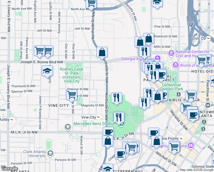 map of restaurants, bars, coffee shops, grocery stores, and more near in Atlanta