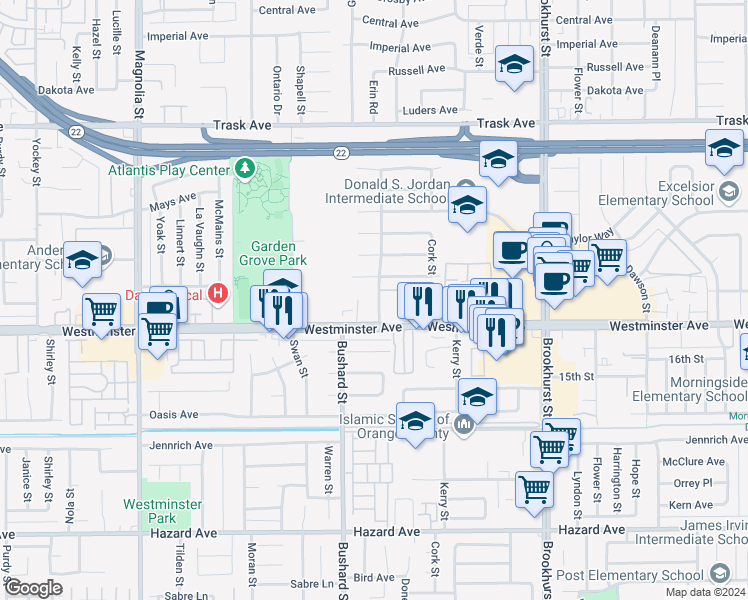 map of restaurants, bars, coffee shops, grocery stores, and more near 13917 Erin Street in Garden Grove