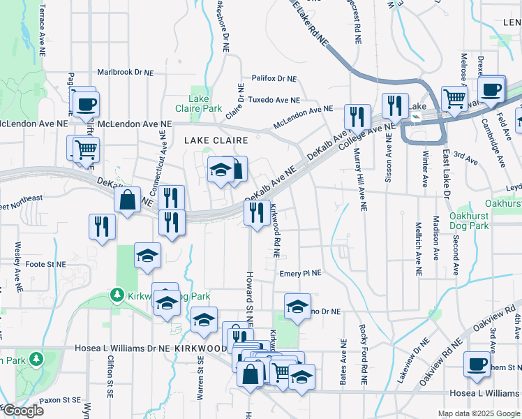 map of restaurants, bars, coffee shops, grocery stores, and more near 1979 College Avenue Northeast in Atlanta