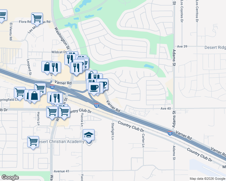 map of restaurants, bars, coffee shops, grocery stores, and more near 78491 Glastonbury Way in Palm Desert