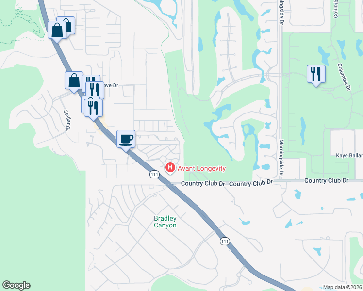 map of restaurants, bars, coffee shops, grocery stores, and more near 158 Bing Crosby Drive in Rancho Mirage