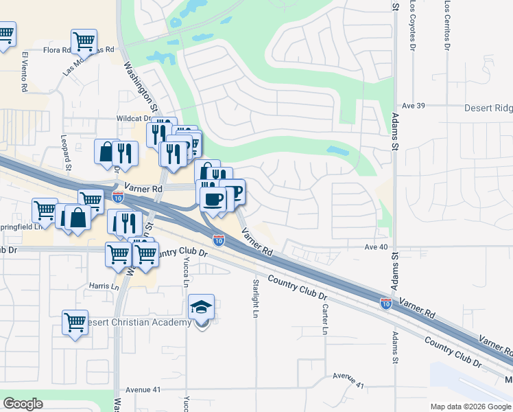 map of restaurants, bars, coffee shops, grocery stores, and more near 78491 Glastonbury Way in Palm Desert
