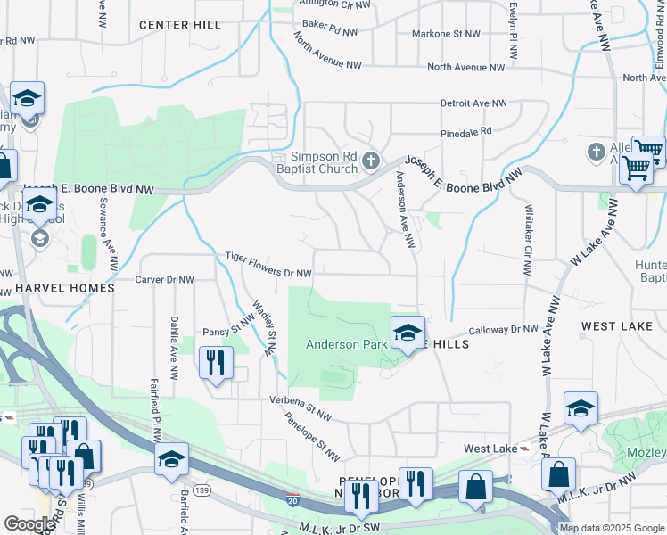 map of restaurants, bars, coffee shops, grocery stores, and more near 2053 Tiger Flowers Dr NW in Atlanta