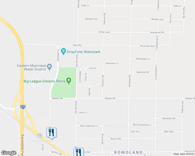 map of restaurants, bars, coffee shops, grocery stores, and more near 27696 Commander Court in Riverside County