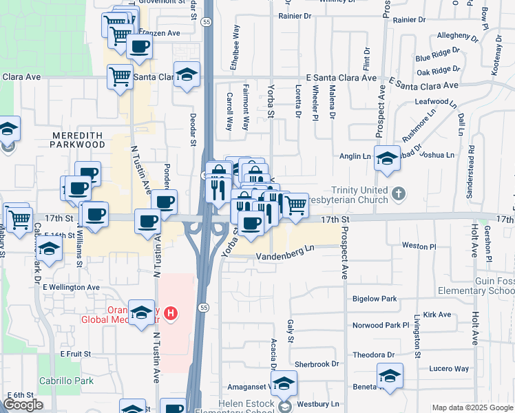 map of restaurants, bars, coffee shops, grocery stores, and more near 17361 17th Street in Tustin