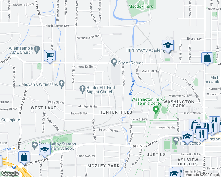 map of restaurants, bars, coffee shops, grocery stores, and more near 1262 Eason Street Northwest in Atlanta