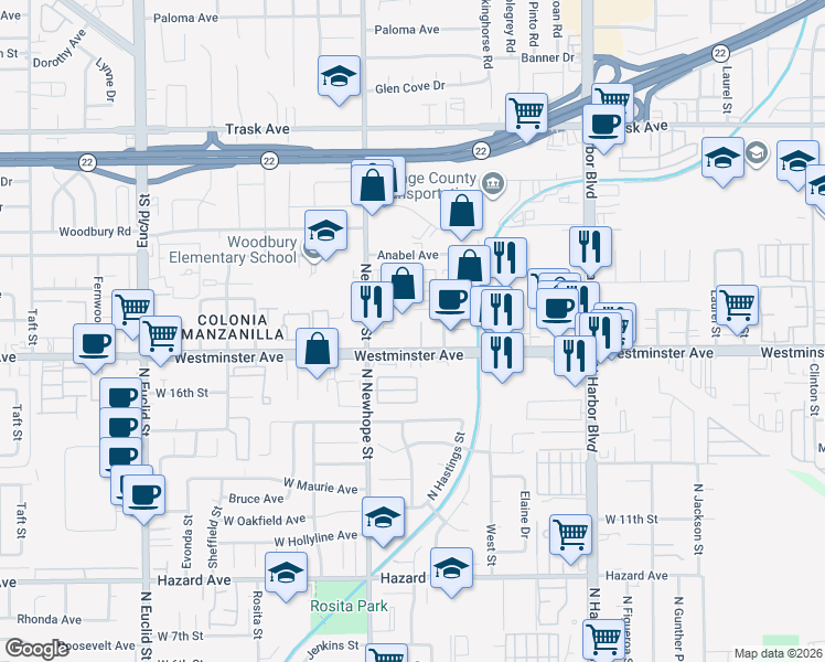 map of restaurants, bars, coffee shops, grocery stores, and more near 11611 Westminster Avenue in Garden Grove