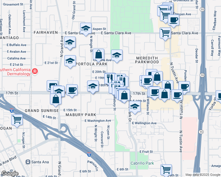 map of restaurants, bars, coffee shops, grocery stores, and more near 1631 17th Street in Santa Ana