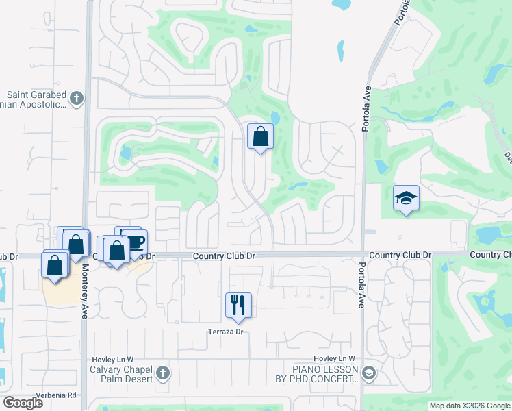 map of restaurants, bars, coffee shops, grocery stores, and more near 39610 Moronga Canyon Drive in Palm Desert