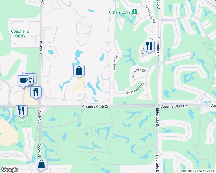 map of restaurants, bars, coffee shops, grocery stores, and more near 153 Desert Falls Drive East in Palm Desert