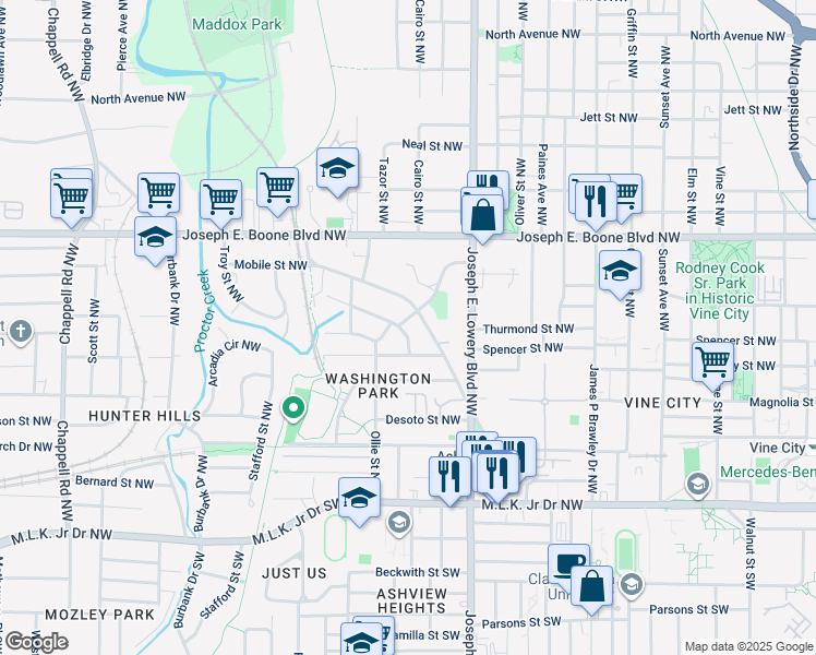 map of restaurants, bars, coffee shops, grocery stores, and more near 993 Washington Heights Terrace Northwest in Atlanta
