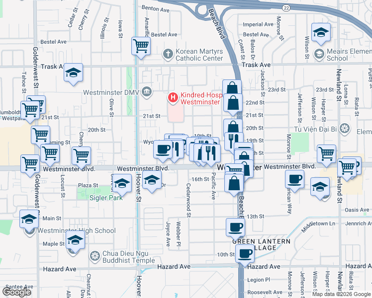 map of restaurants, bars, coffee shops, grocery stores, and more near 13900 Jasperson Way in Westminster