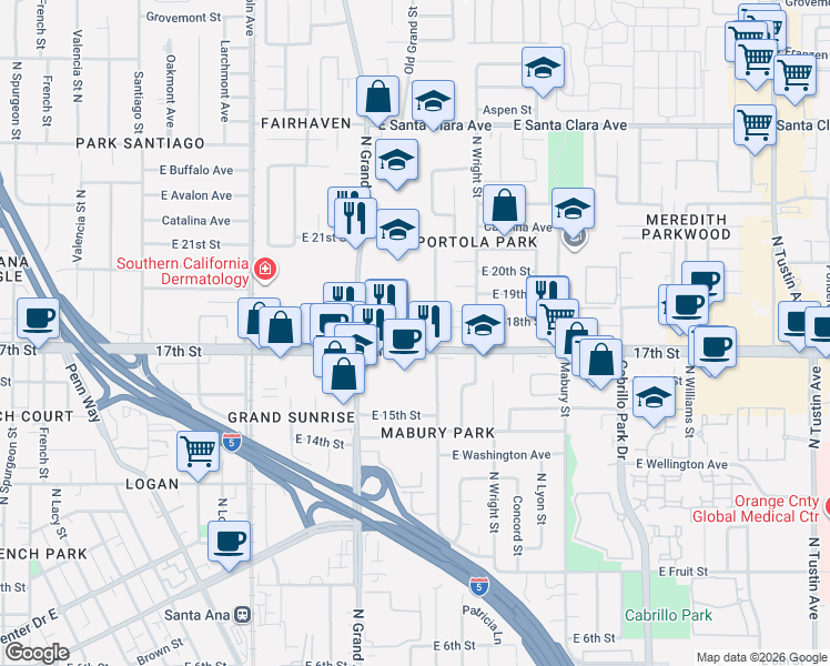 map of restaurants, bars, coffee shops, grocery stores, and more near 1709 North McClay Street in Santa Ana