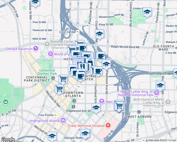 map of restaurants, bars, coffee shops, grocery stores, and more near 221 Ivy Street Northeast in Atlanta