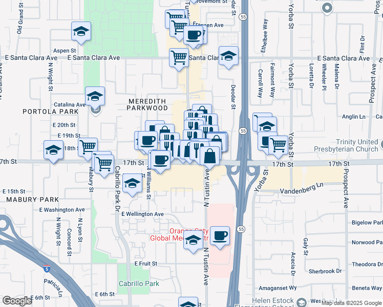 map of restaurants, bars, coffee shops, grocery stores, and more near 1717 Old Tustin Avenue in Santa Ana