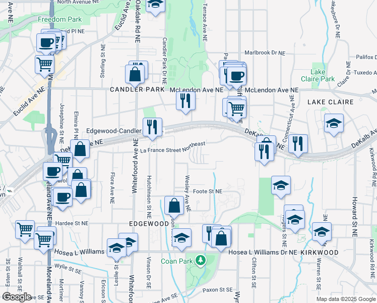 map of restaurants, bars, coffee shops, grocery stores, and more near 232 Carlyle Park Drive in Atlanta