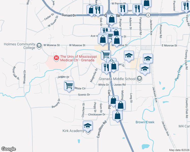 map of restaurants, bars, coffee shops, grocery stores, and more near 2052 Magnolia Drive in Grenada