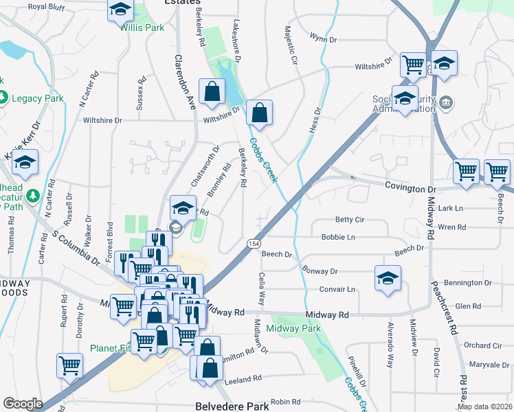 map of restaurants, bars, coffee shops, grocery stores, and more near 1190 Hess Drive in Avondale Estates