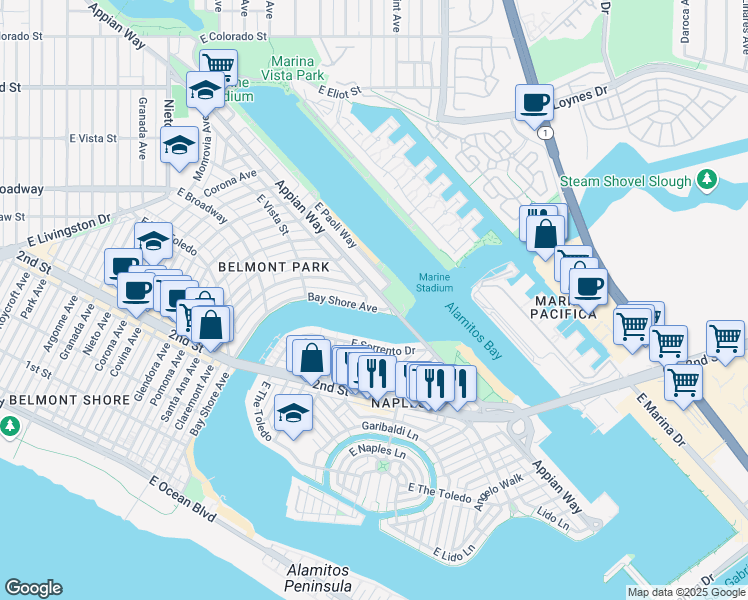 map of restaurants, bars, coffee shops, grocery stores, and more near 383 Bay Shore Avenue in Long Beach
