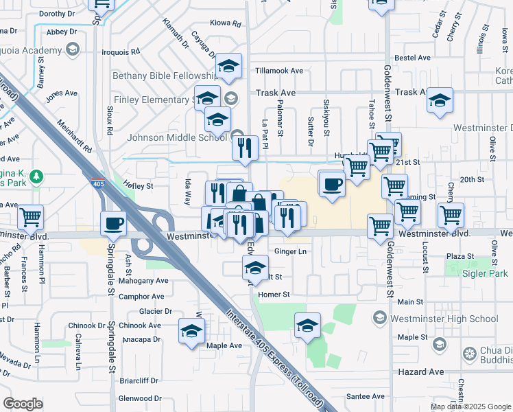 map of restaurants, bars, coffee shops, grocery stores, and more near 13896 Edwards Street in Westminster
