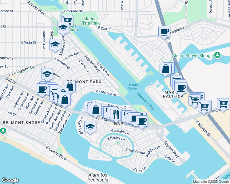 map of restaurants, bars, coffee shops, grocery stores, and more near 5413 Appian Way in Long Beach