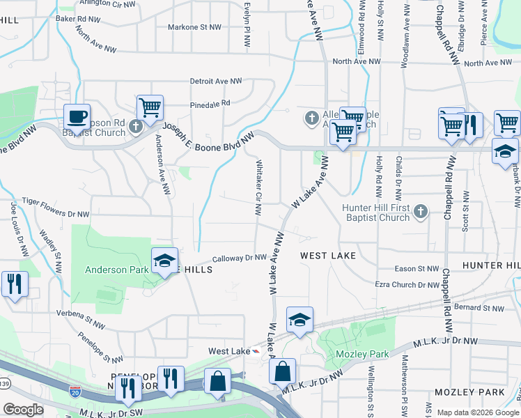 map of restaurants, bars, coffee shops, grocery stores, and more near 1770 Springview Road Northwest in Atlanta