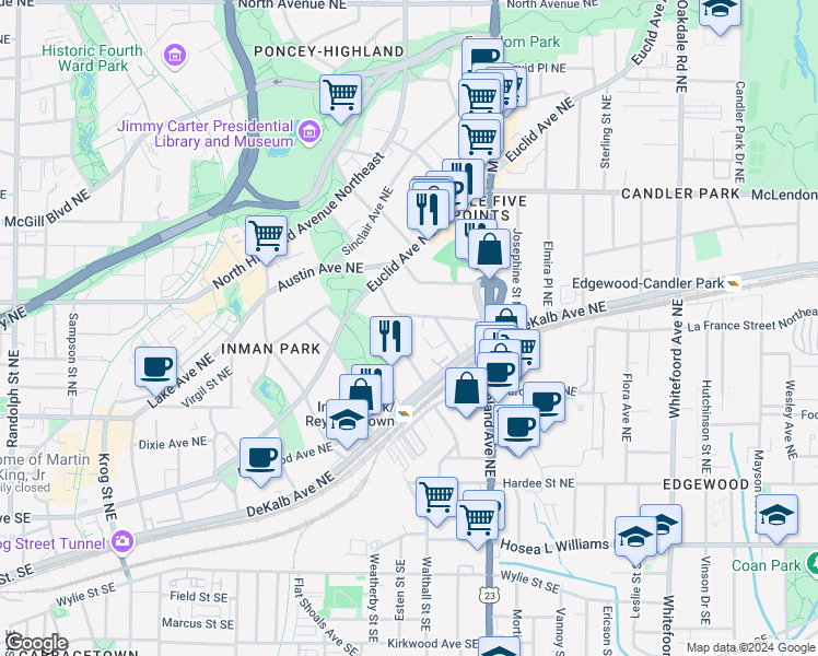 map of restaurants, bars, coffee shops, grocery stores, and more near 231 Degress Avenue Northeast in Atlanta
