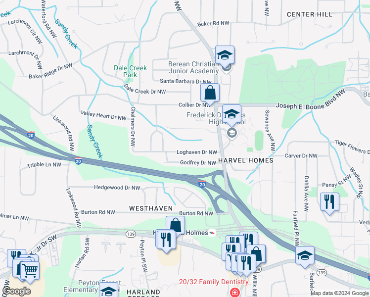 map of restaurants, bars, coffee shops, grocery stores, and more near 2595 Loghaven Drive Northwest in Atlanta