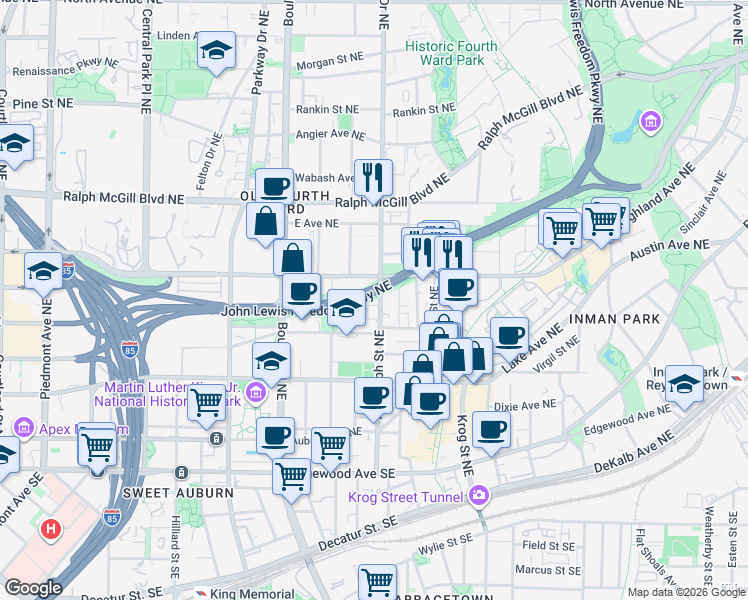 map of restaurants, bars, coffee shops, grocery stores, and more near 223 Randolph Street Northeast in Atlanta