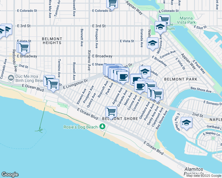 map of restaurants, bars, coffee shops, grocery stores, and more near 166 Park Avenue in Long Beach