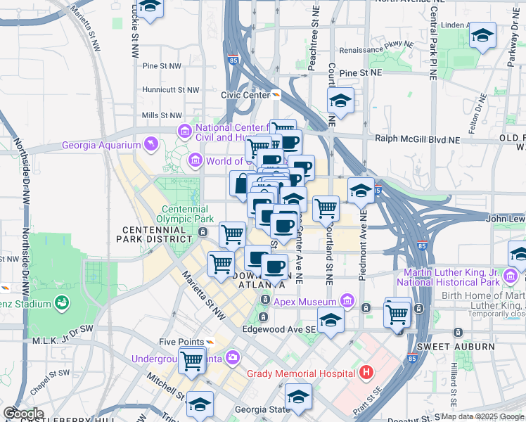 map of restaurants, bars, coffee shops, grocery stores, and more near 240 Peachtree Street in Atlanta
