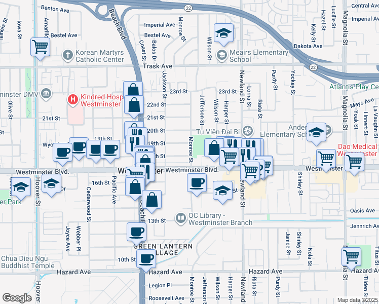 map of restaurants, bars, coffee shops, grocery stores, and more near 8233 Monroe Street in Westminster