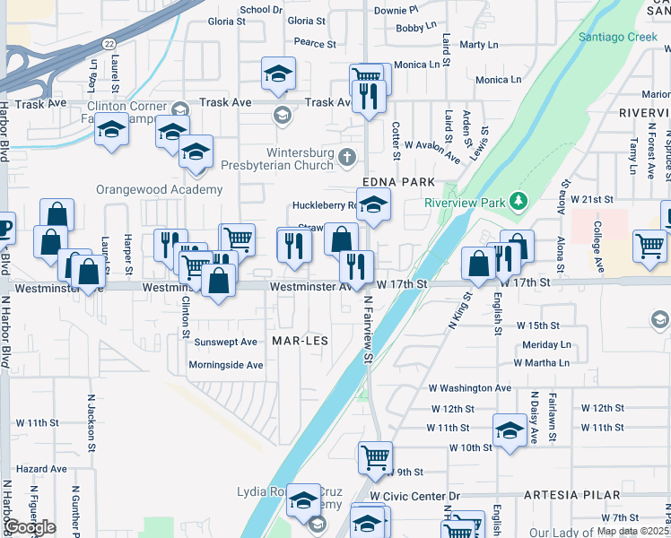 map of restaurants, bars, coffee shops, grocery stores, and more near 2603 Westminster Avenue in Santa Ana