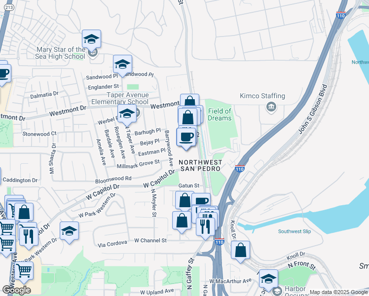 map of restaurants, bars, coffee shops, grocery stores, and more near 1701 North Gaffey Street in Los Angeles