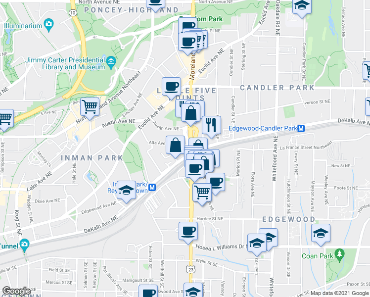 map of restaurants, bars, coffee shops, grocery stores, and more near 1165 Alta Avenue Northeast in Atlanta